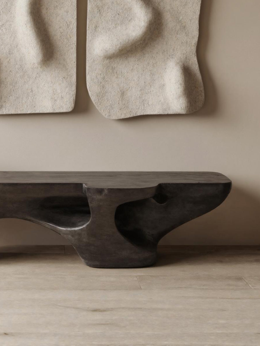 Contemporary Sculptural Bench With Carved Design For Living Room