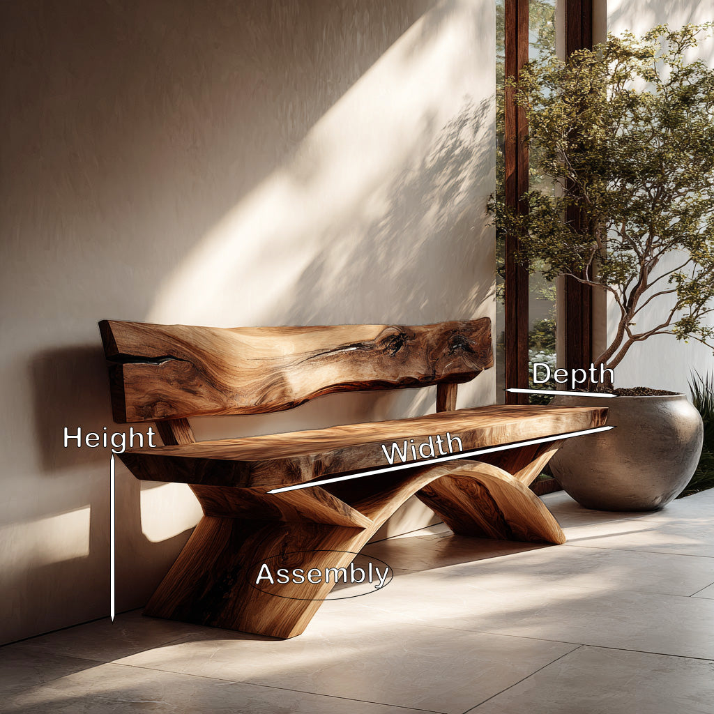 Organic Live Edge Bench With Sculptural Base For Entryway