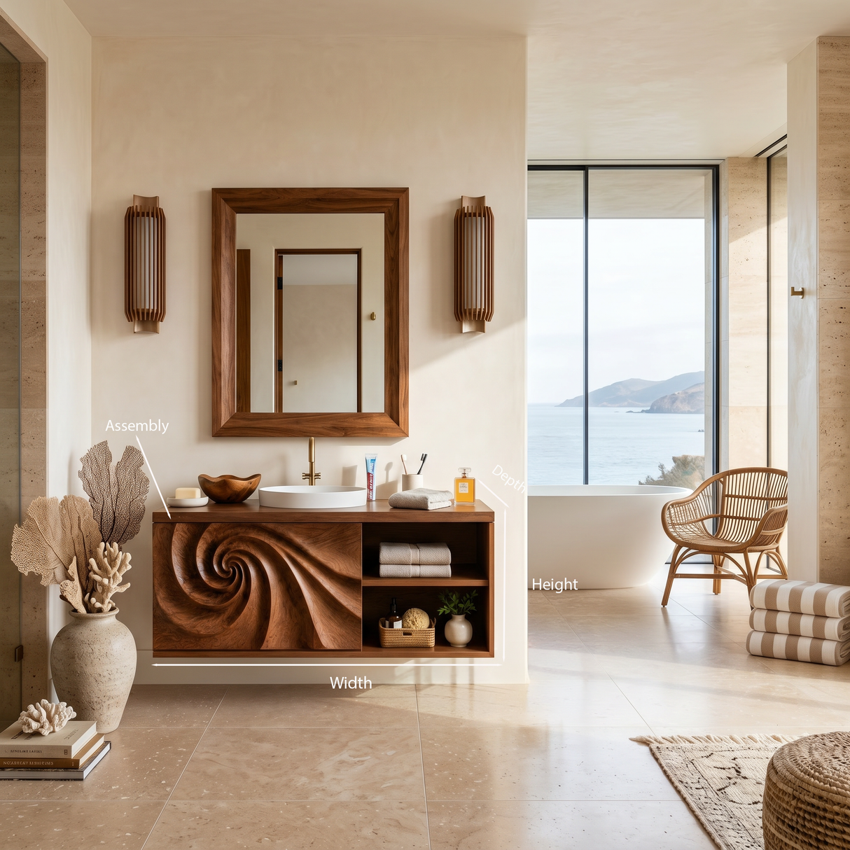 Luxury Floating Bathroom Vanity With Spiral Carved Cabinet For Bathroom