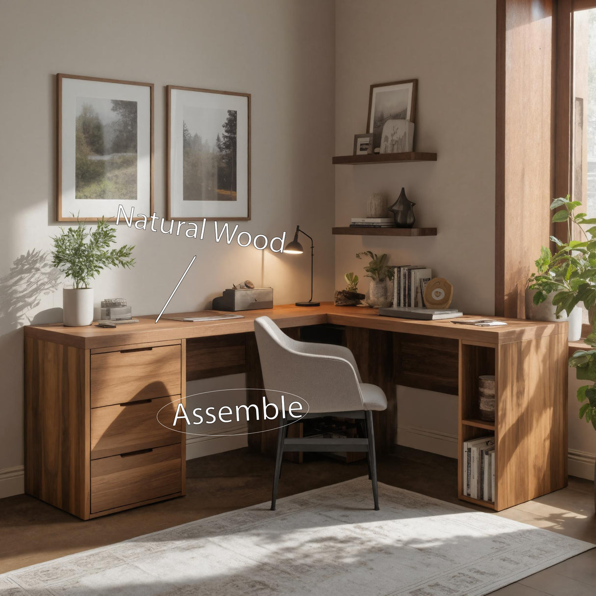 Modern L Shaped Desk With Drawers And Shelves For Study