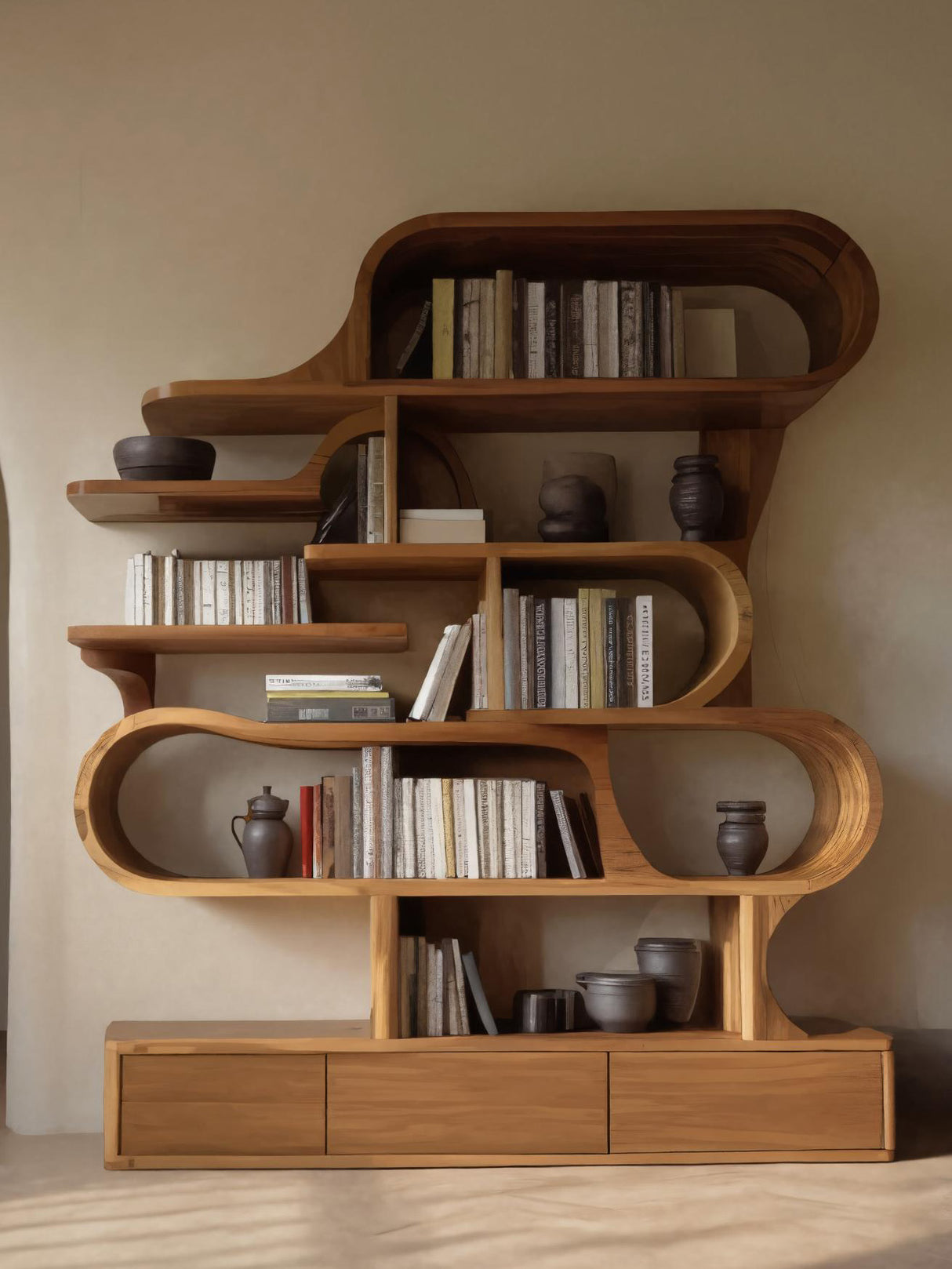 Modern Sculptural Bookshelf With Curved Design For Living Room Or Office
