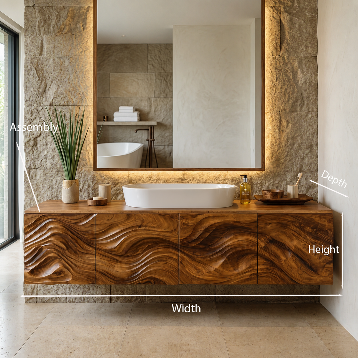 Wooden Floating Bathroom Vanity Wave Carved Cabinet For Bathroom Remodel