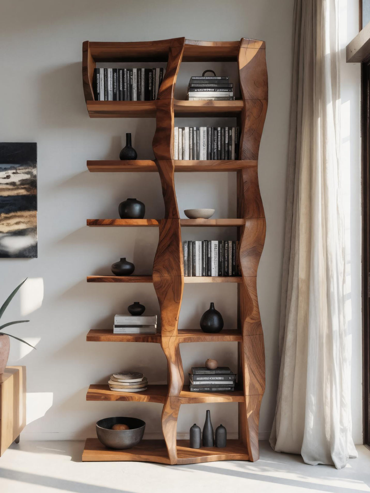 Sculptural Bookshelf With Flowing Wave Design For Living Room