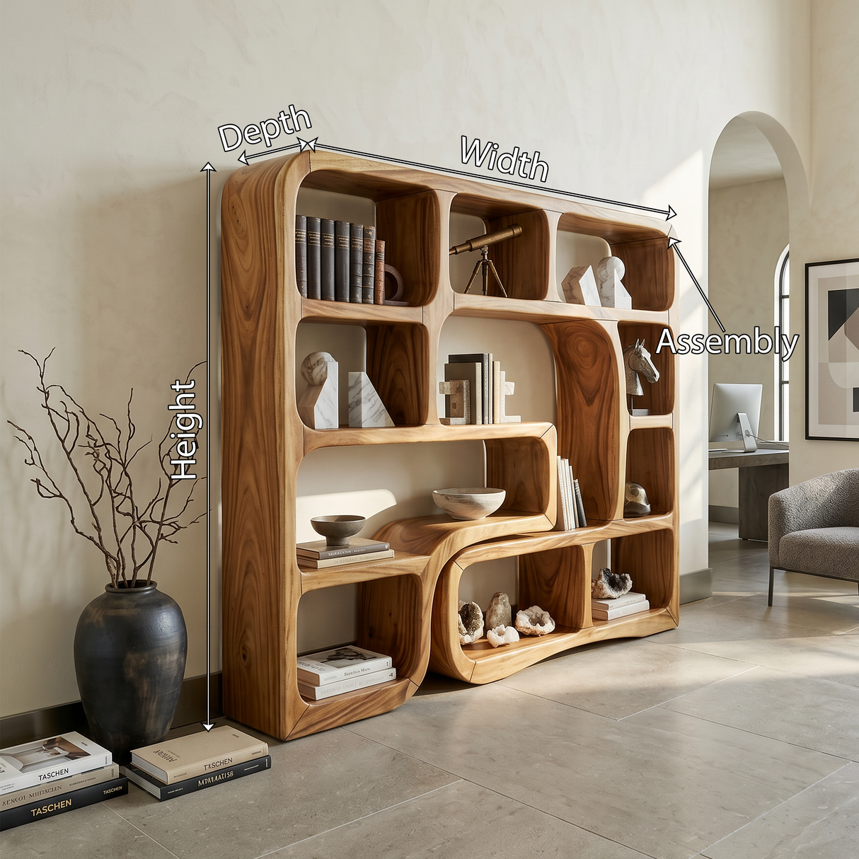Luxury Wooden Bookcase With Organic Wave Design