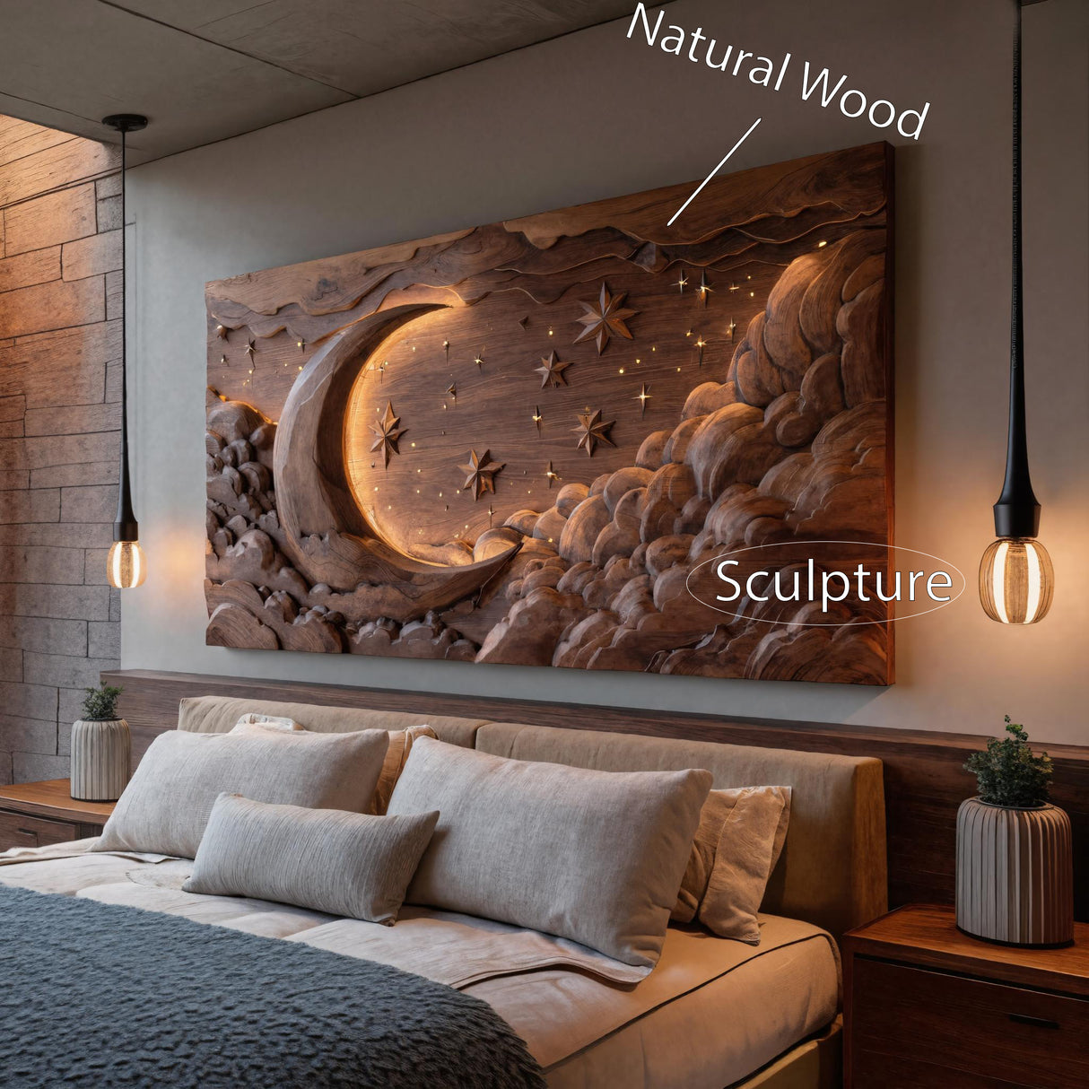 Hand Carved Wall Art Moon And Stars Panel With LED For Bedroom