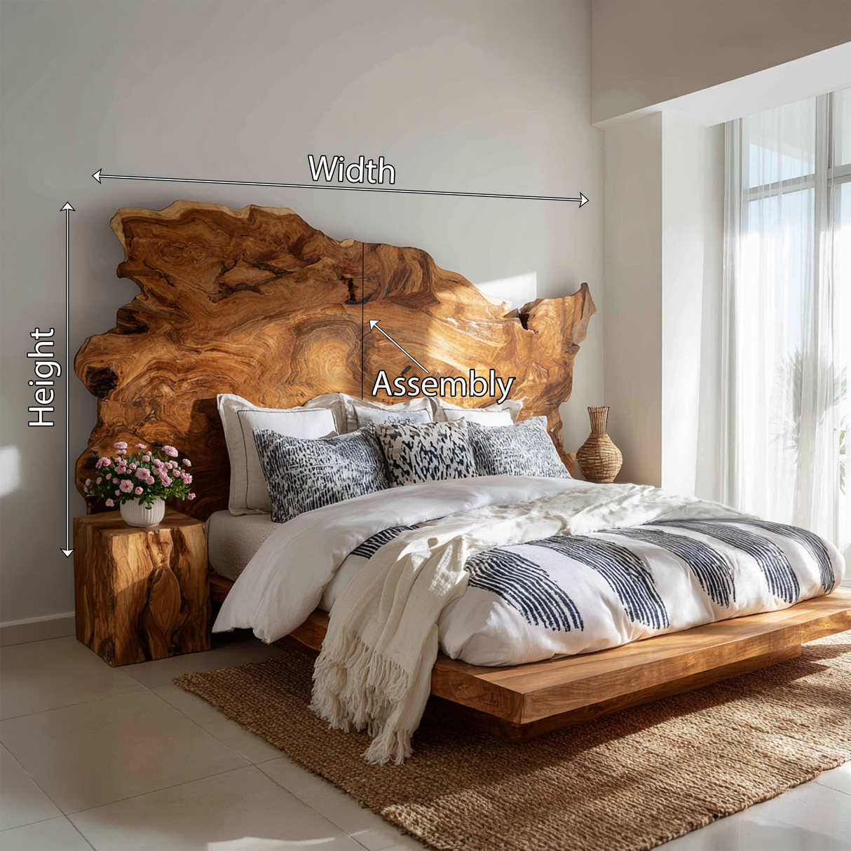 Organic Natural Wood Headboard For Minimalist Japandi Bedroom Design