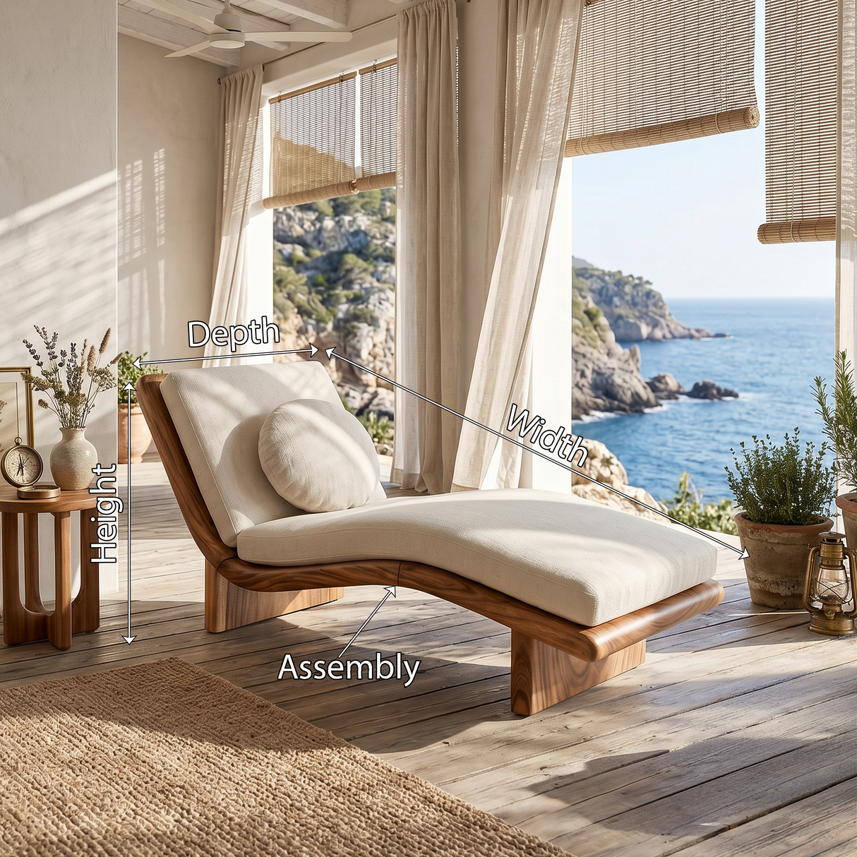 Minimalist Walnut Chaise Lounge Serene Coastal Retreat Living Space
