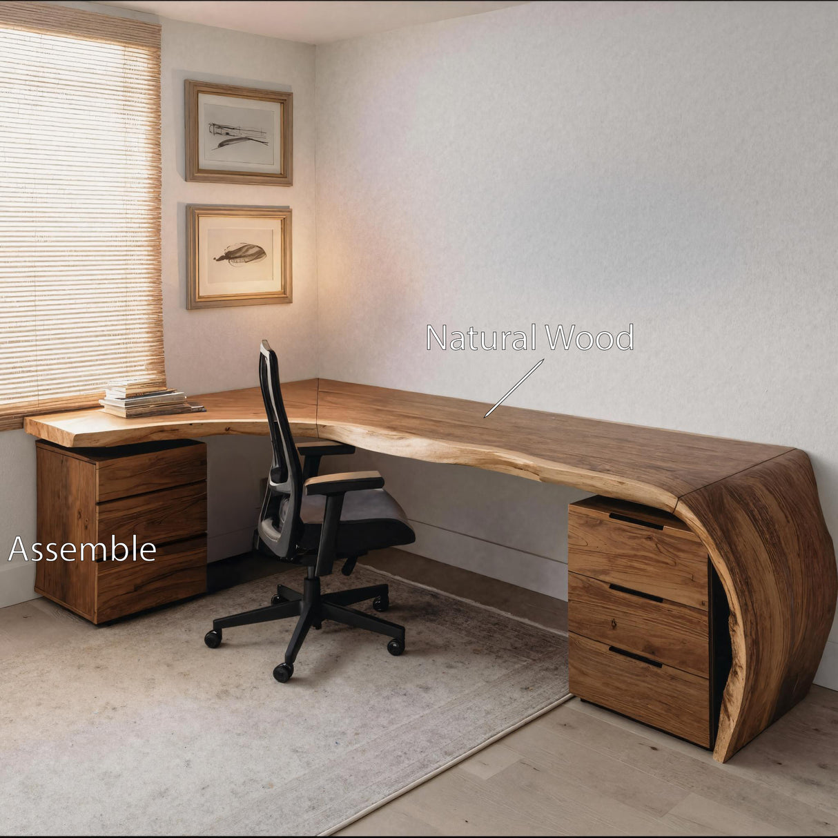 Minimalist Live Edge L Shaped Desk With Drawers For Workspace