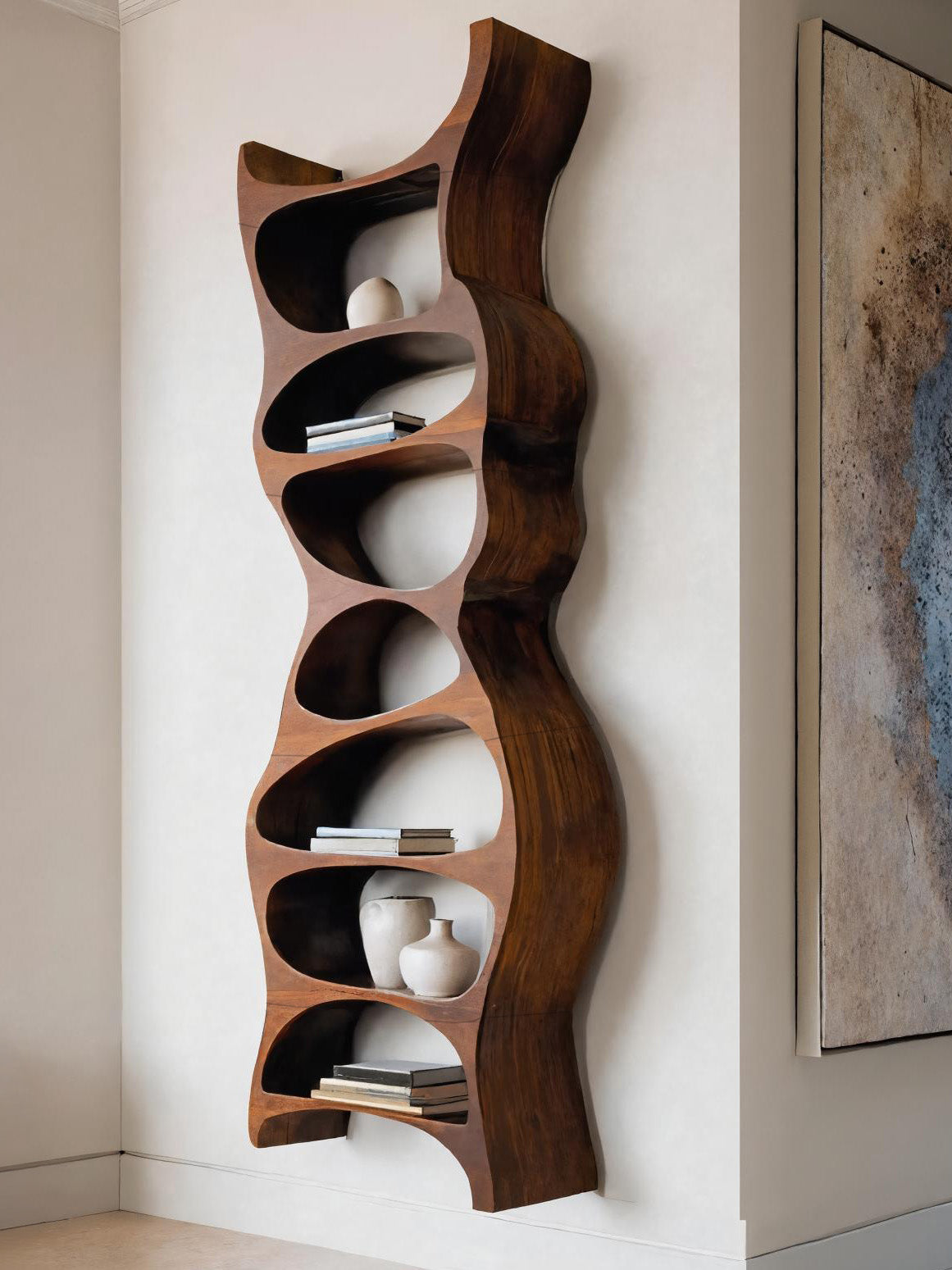 Tall Sculptural Wall Mounted Bookshelf For Living Room