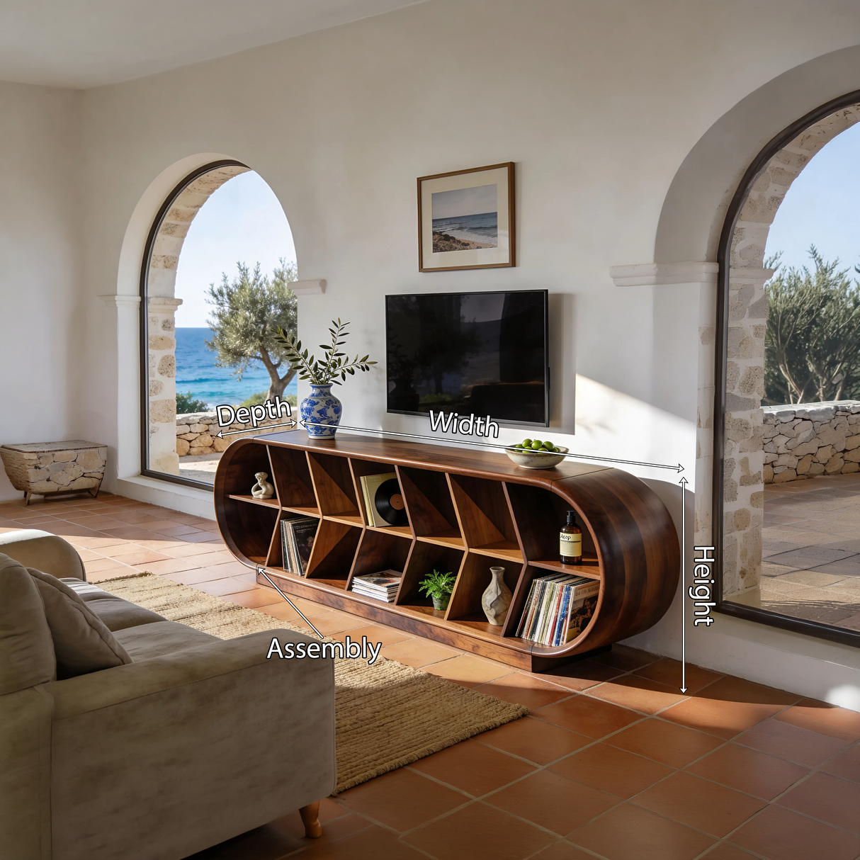 Mid Century Curved TV Stand For Luxury Suite Interior