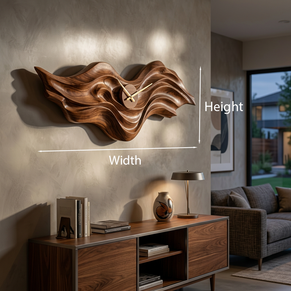 Organic Wood Wall Clock With Wave Sculpture For Living Interior