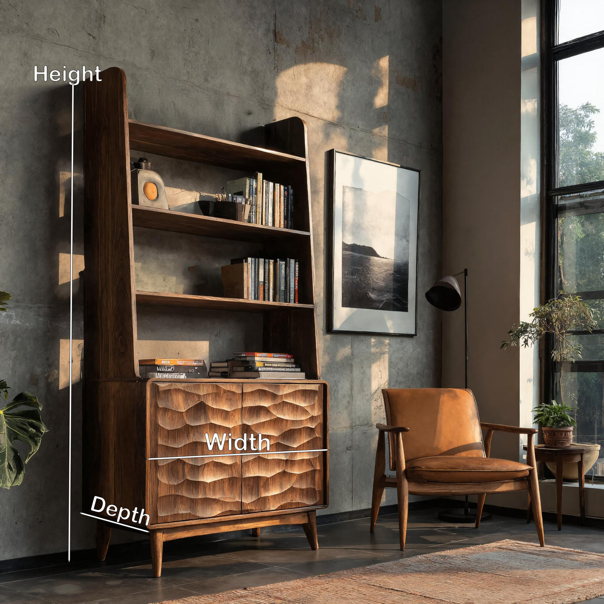 Modern Wooden Bookshelf With Carved Cabinet Doors For Home