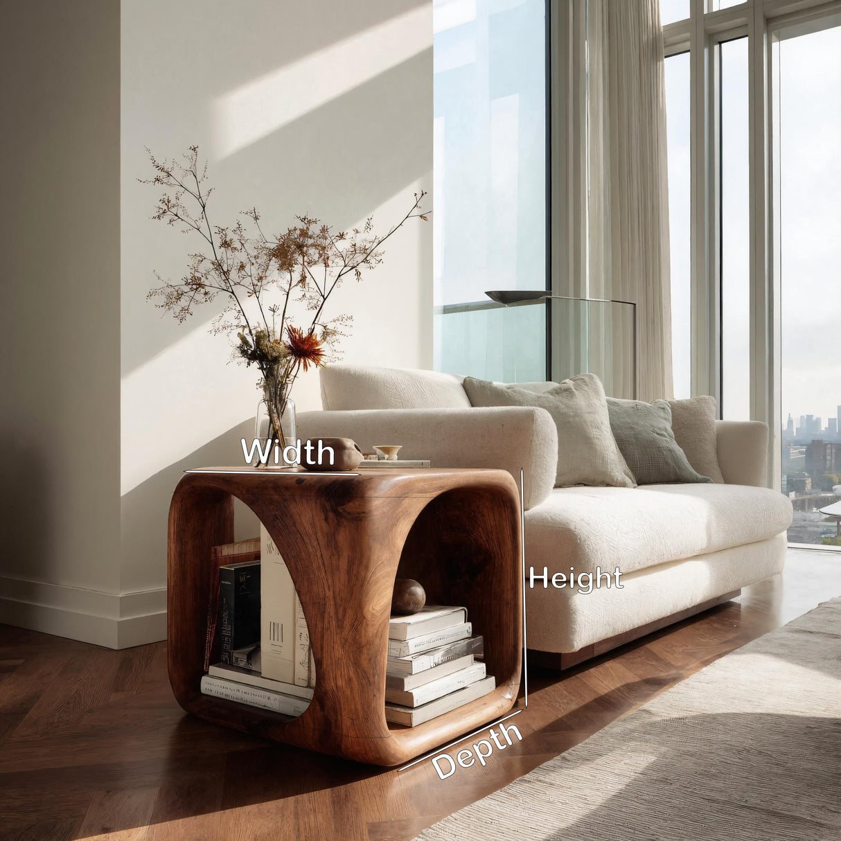 Modern Wooden Side Table With Sculptural Hollow Form For Living Room