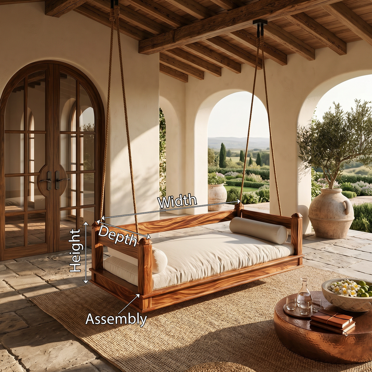 Mediterranean Wooden Hanging Daybed Swing Luxury Villa Patio