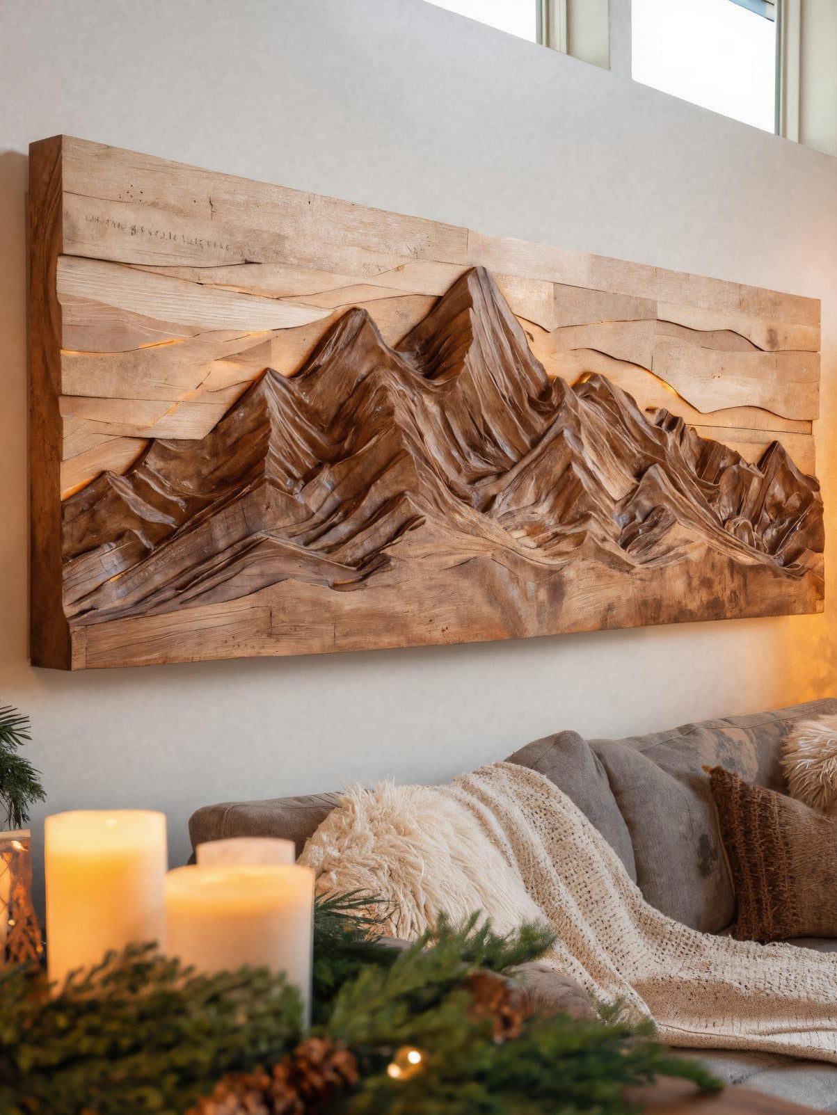 Mountain Wall Art With Layered Carved Design For Holiday Decor