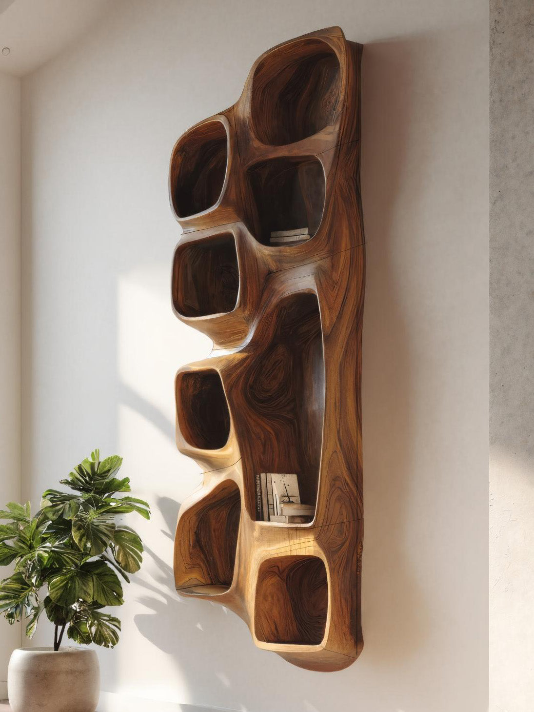 Sculptural Wall Shelf With Curved Compartments For Living Room