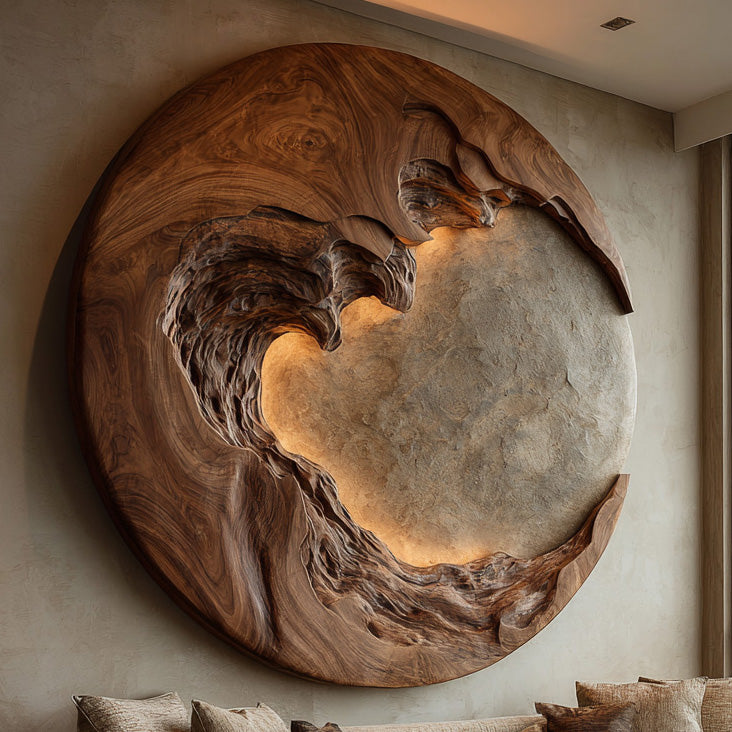 Organic Modern Round Wood Wall Art For Living Room