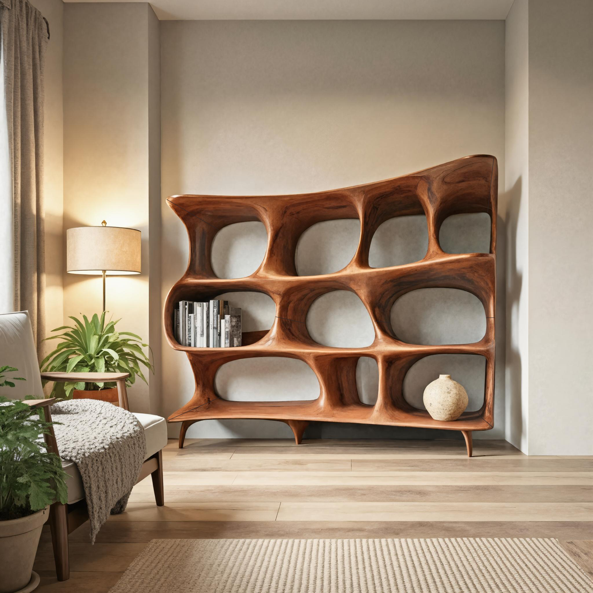 Organic Carved Bookshelf For Living Room Or Office Storage