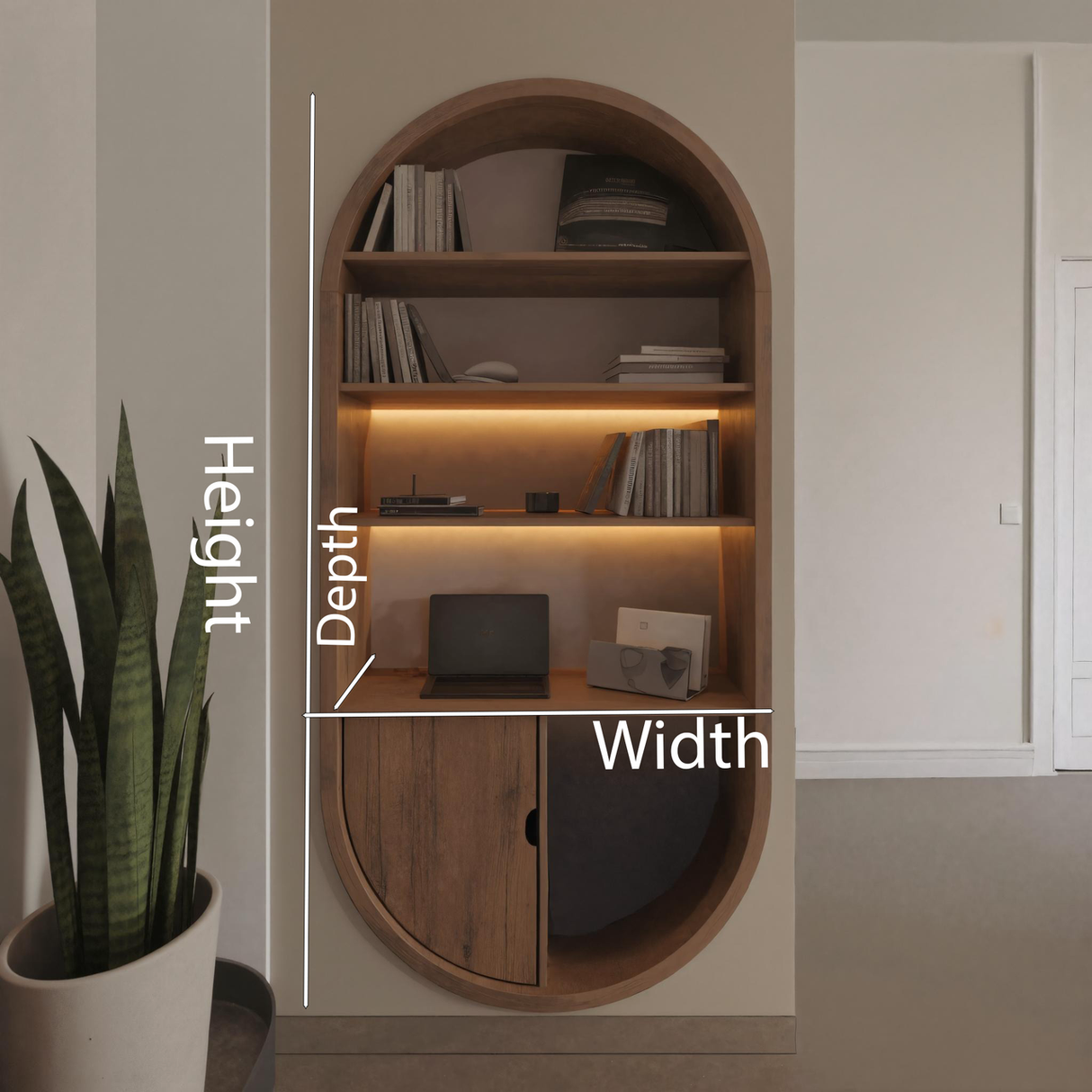 Arched Wooden Wall Bookshelf With Storage For Living Room