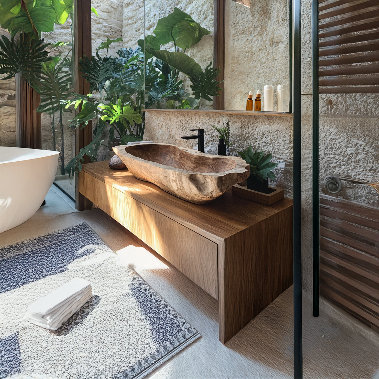 Mid Century Wood Wash Basin For Bathroom Interior Design