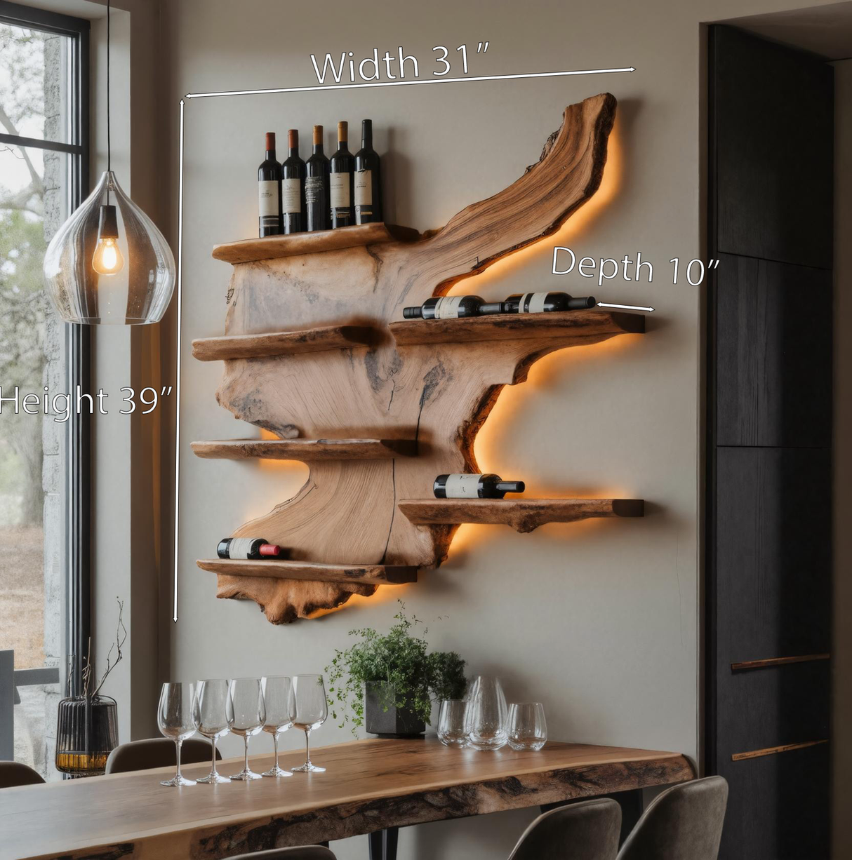 Rustic Live Edge Wine Rack Shelf With LED For Bar