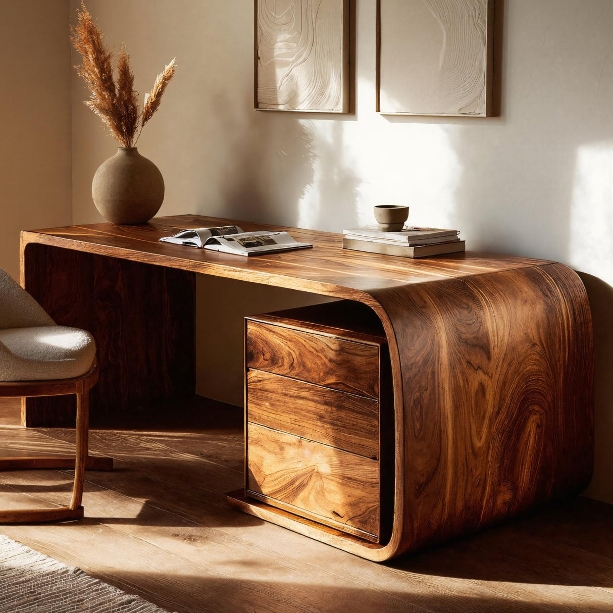 Mid Century Wooden Desk With Integrated Drawer For Home Study