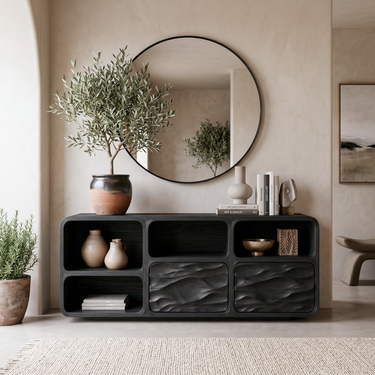 Contemporary Console Table With Wave Carved Drawers For Living Room