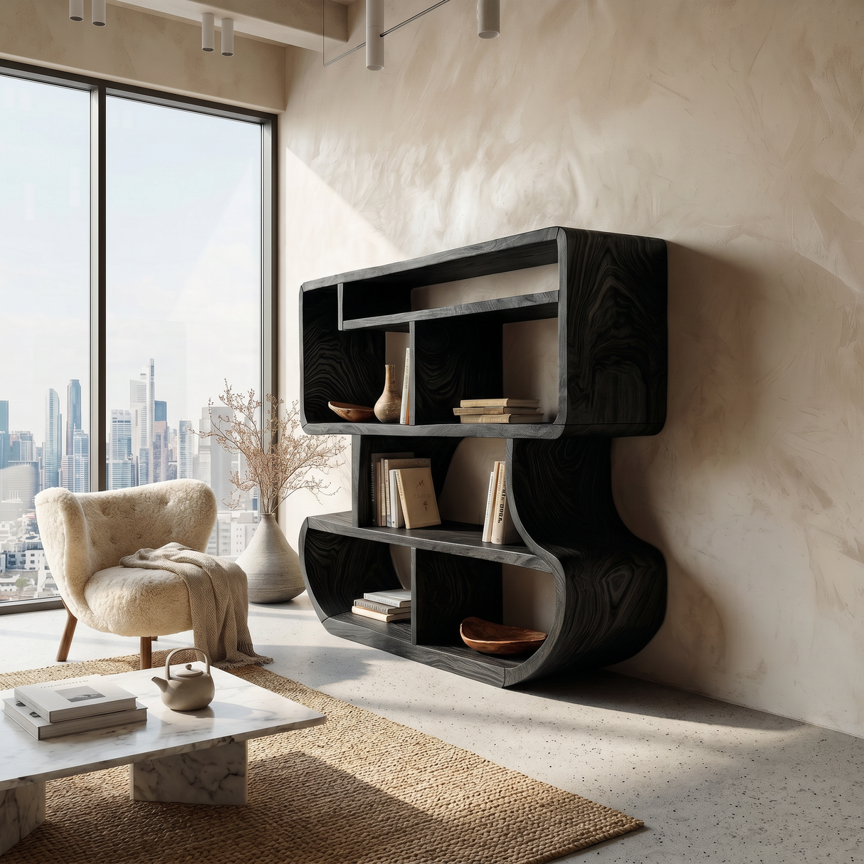 Modern Curved Wooden Bookcase With Integrated Open Storage