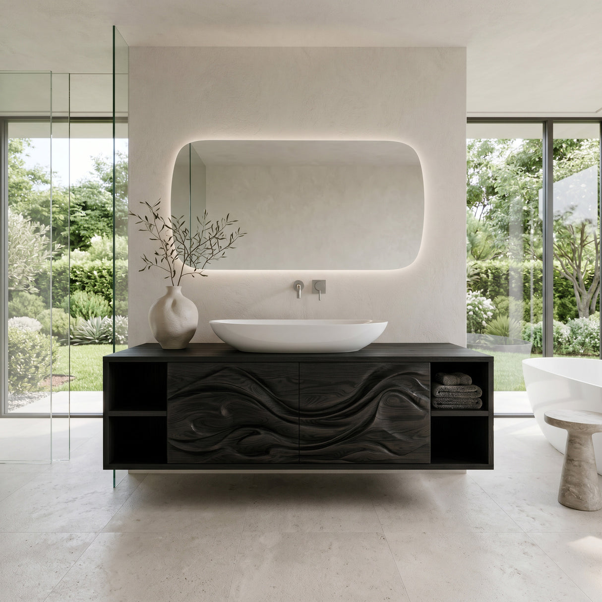 Modern Wave Carved Floating Bathroom Vanity For Designer Bathroom