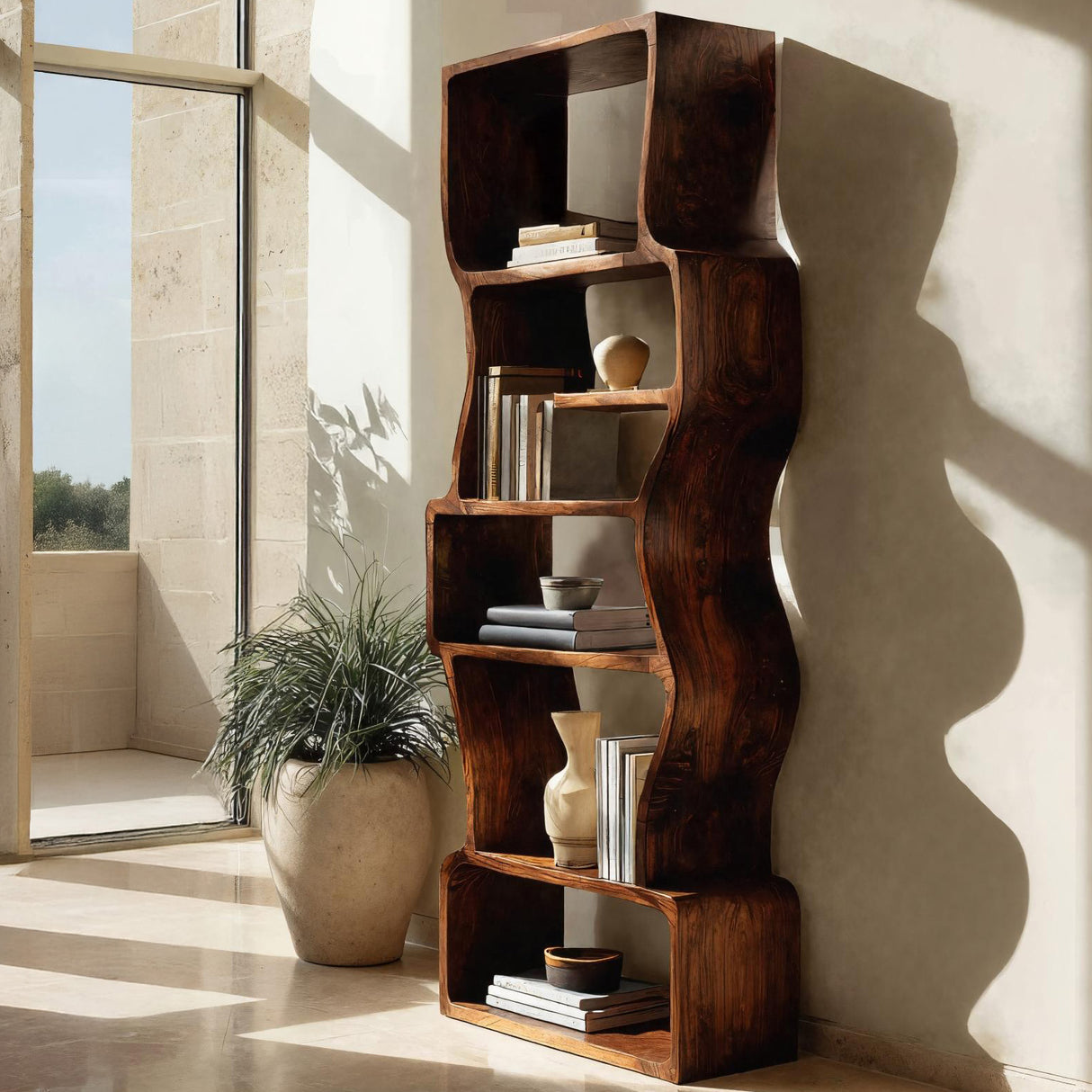 Organic Sculptural Wooden Bookcase For Modern Home