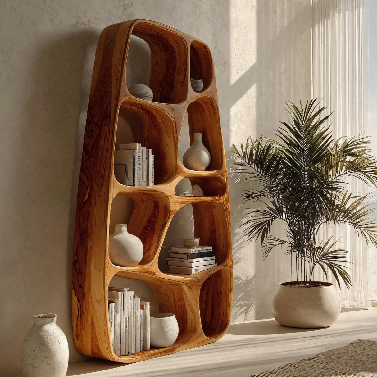 Handcrafted Wooden Sculptural Bookshelf For Living Room