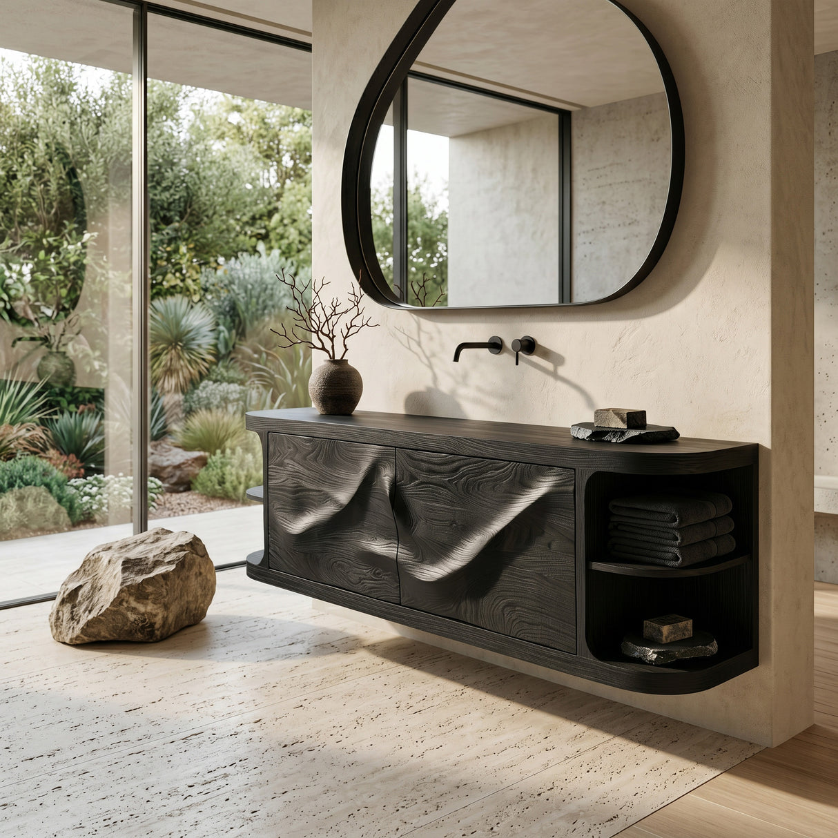 Modern Floating Bathroom Vanity With Relief Carving For Spa Bathroom