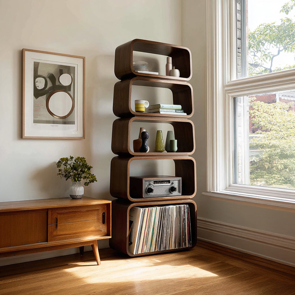 Mid Century Wooden Standing Shelf For Living Room Display