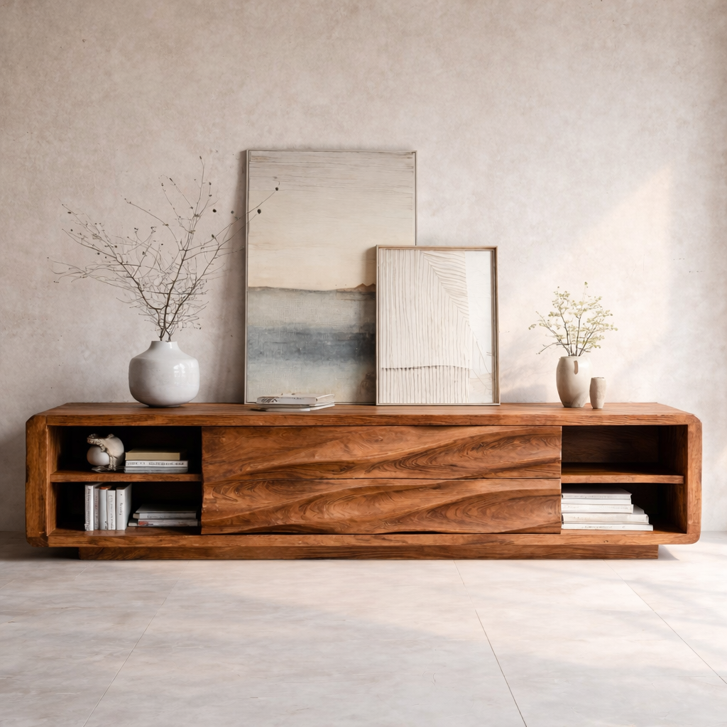 Quiet Luxury Low Sculpted Sideboard For Living Room