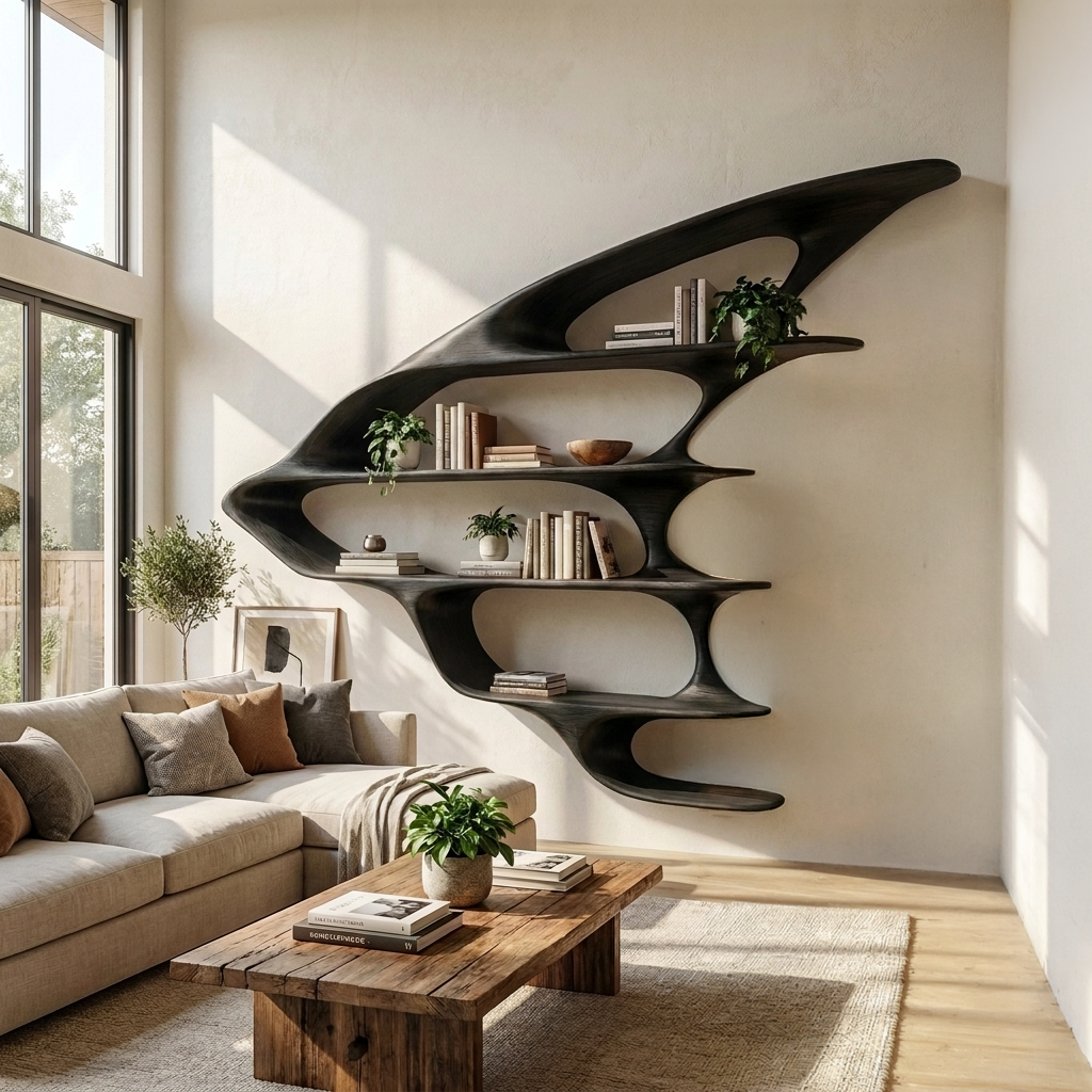 Wooden Floating Bookshelf Unique Design For Living Room Wall