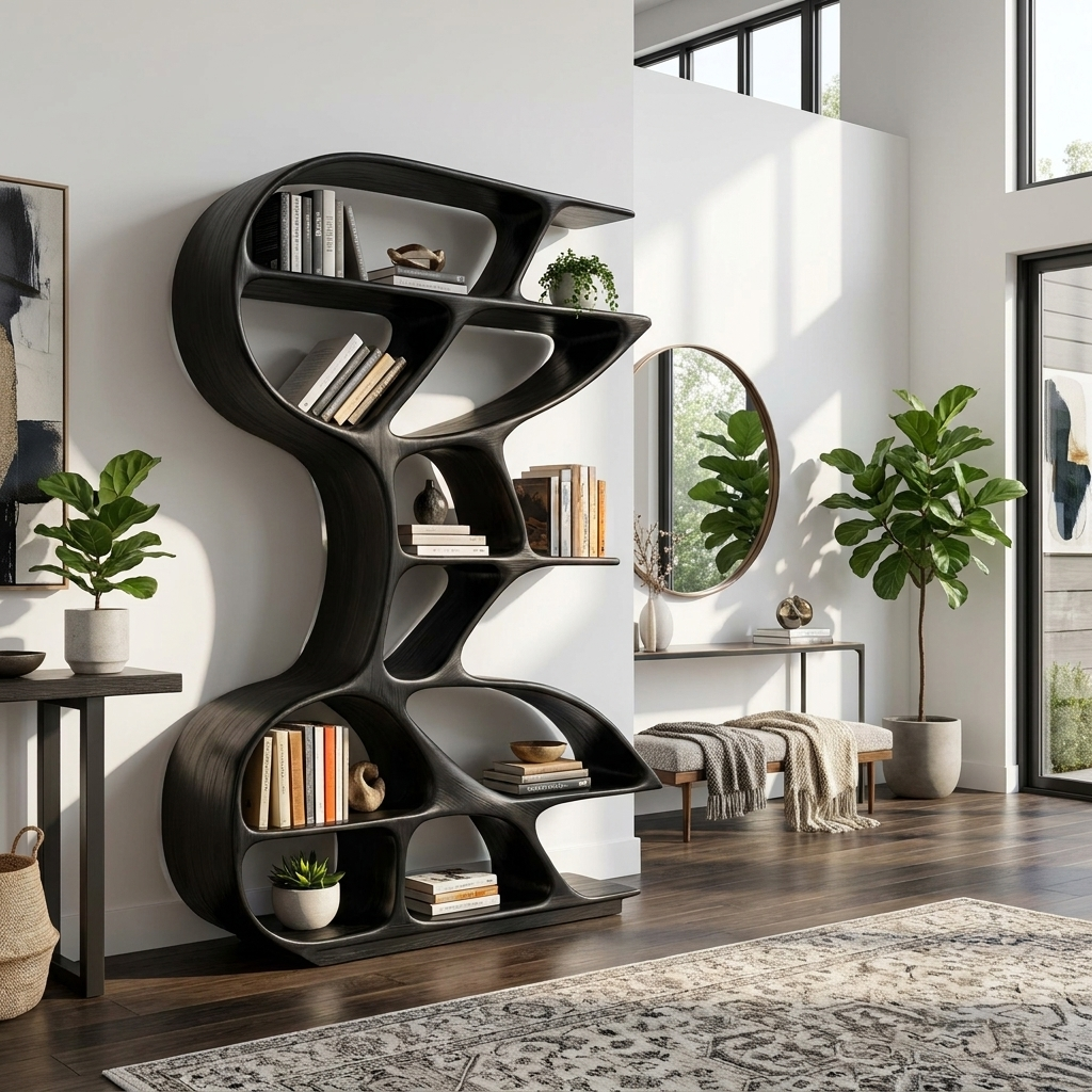Wooden Bookshelf Unique Sculptural Design For Modern Living Room