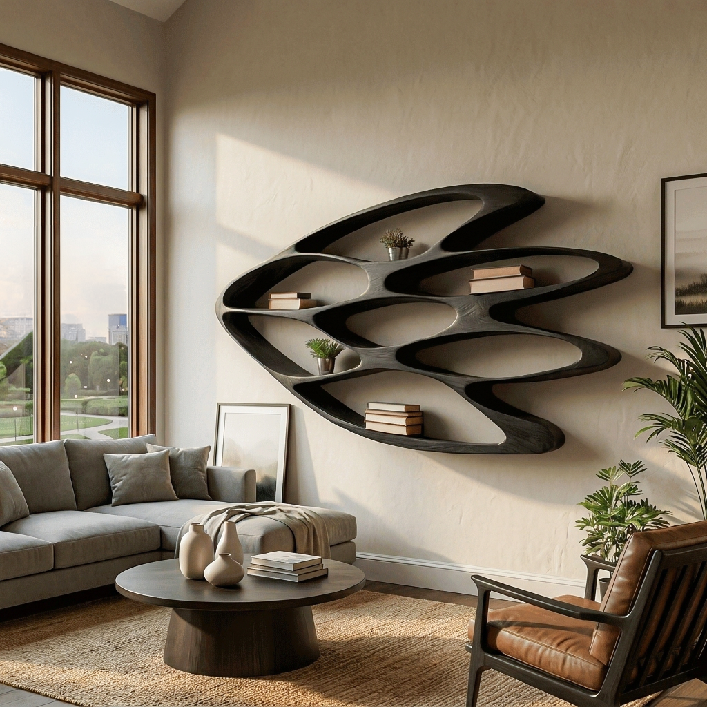 Wooden Wall Bookshelf With Unique Shape For Living Room Wall