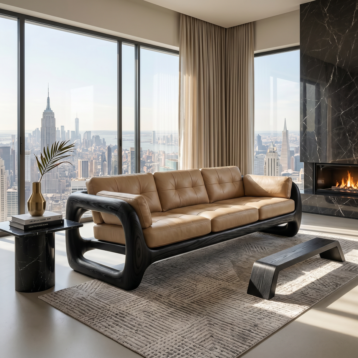 Luxury Wooden Leather Sofa For High Rise Apartment Living Room