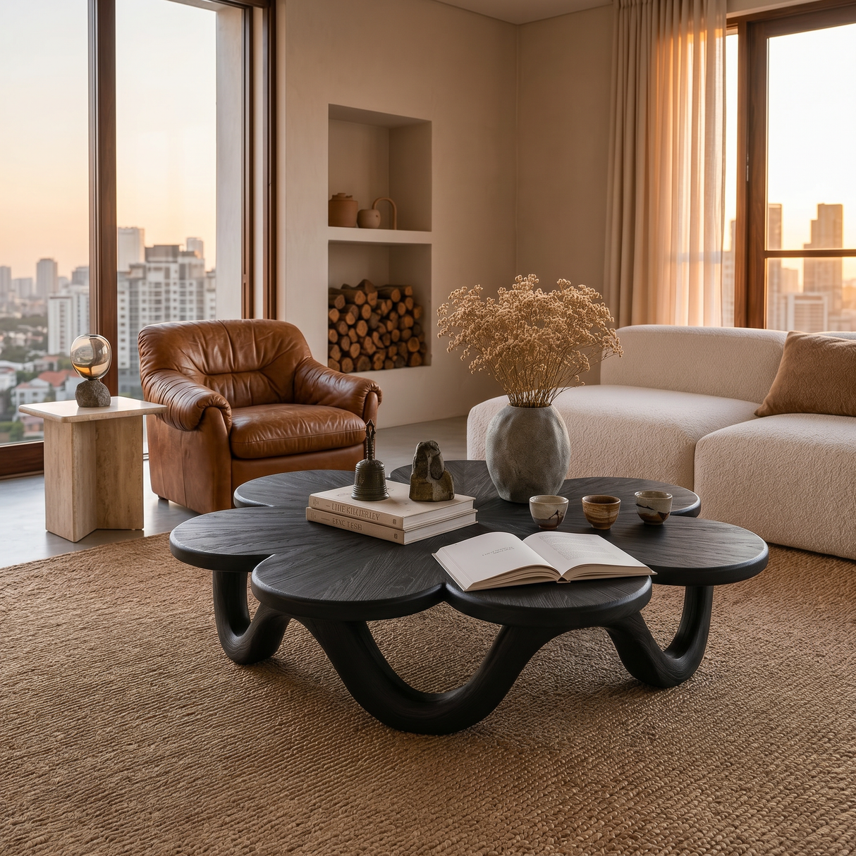 Floral Coffee Table With Sculptural Base For Modern Interior