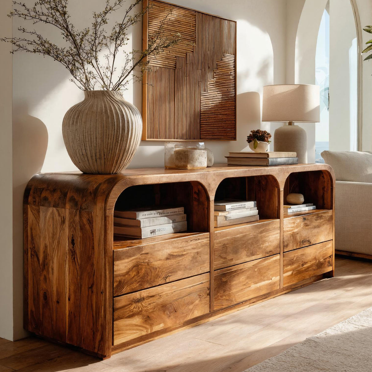 Contemporary Wood Sideboard With 3 Compartments For Home Storage