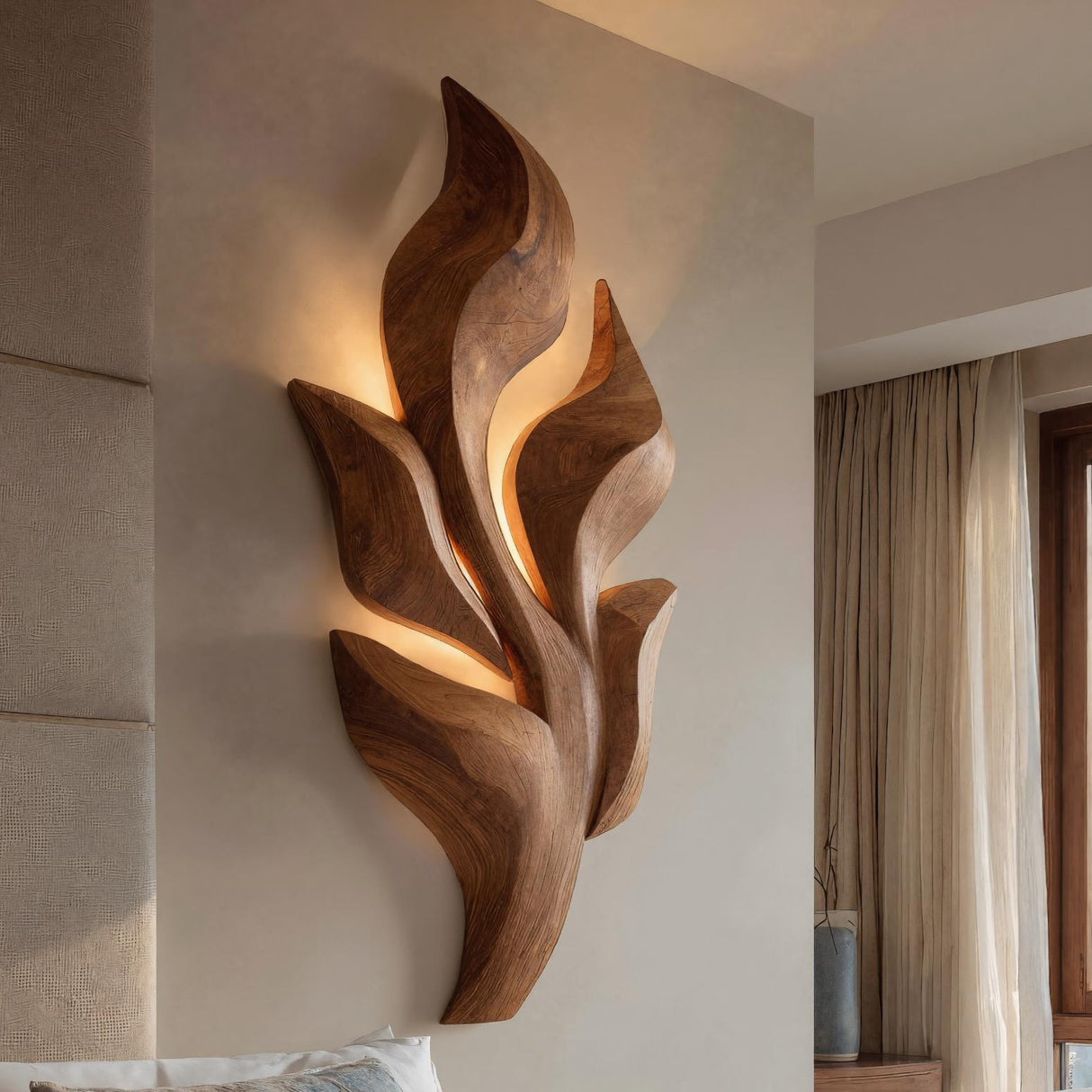Sculptural Wooden Leaf Wall Lamp With Warm Light For Home