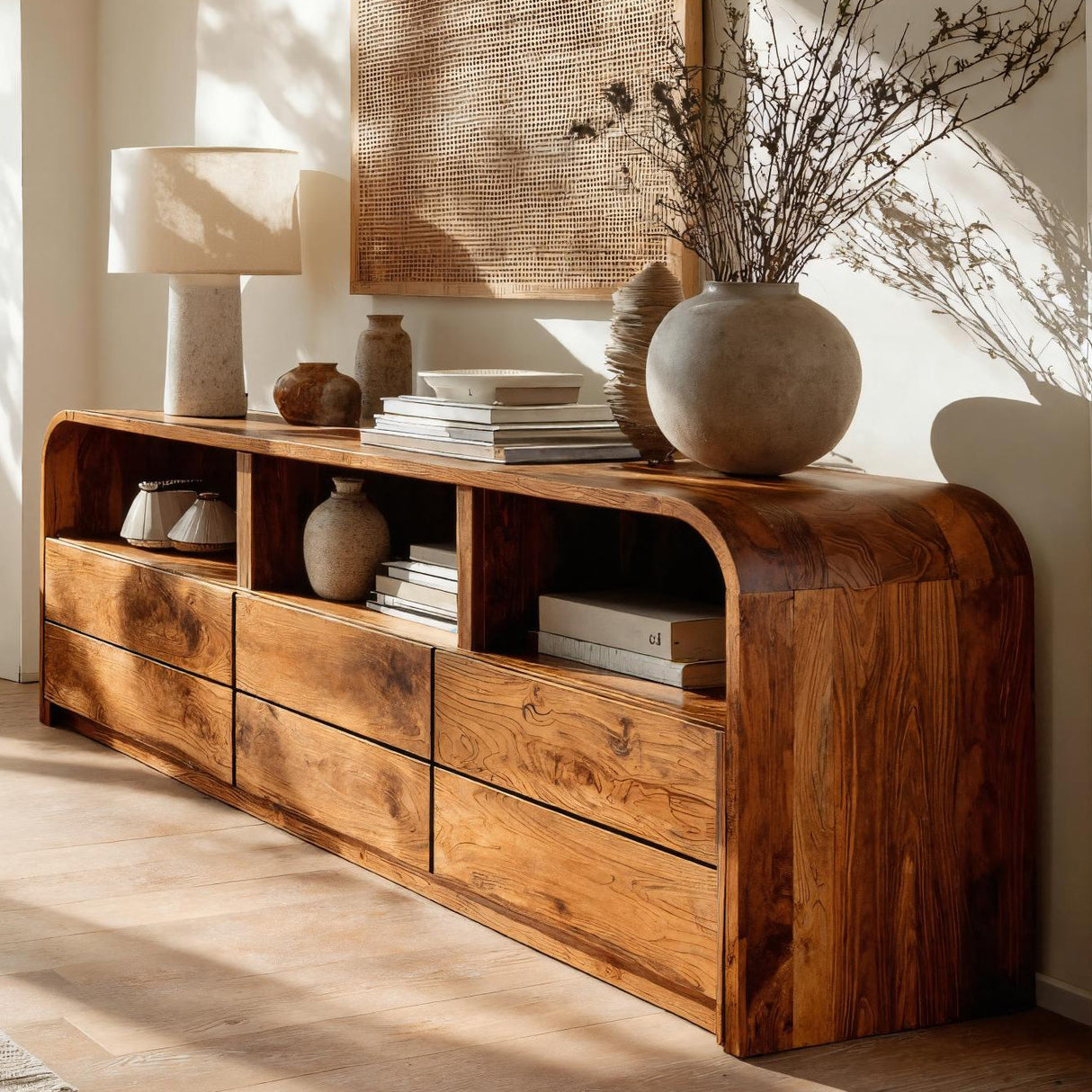 Modern Natural Wood Sideboard With Open Shelf For Home