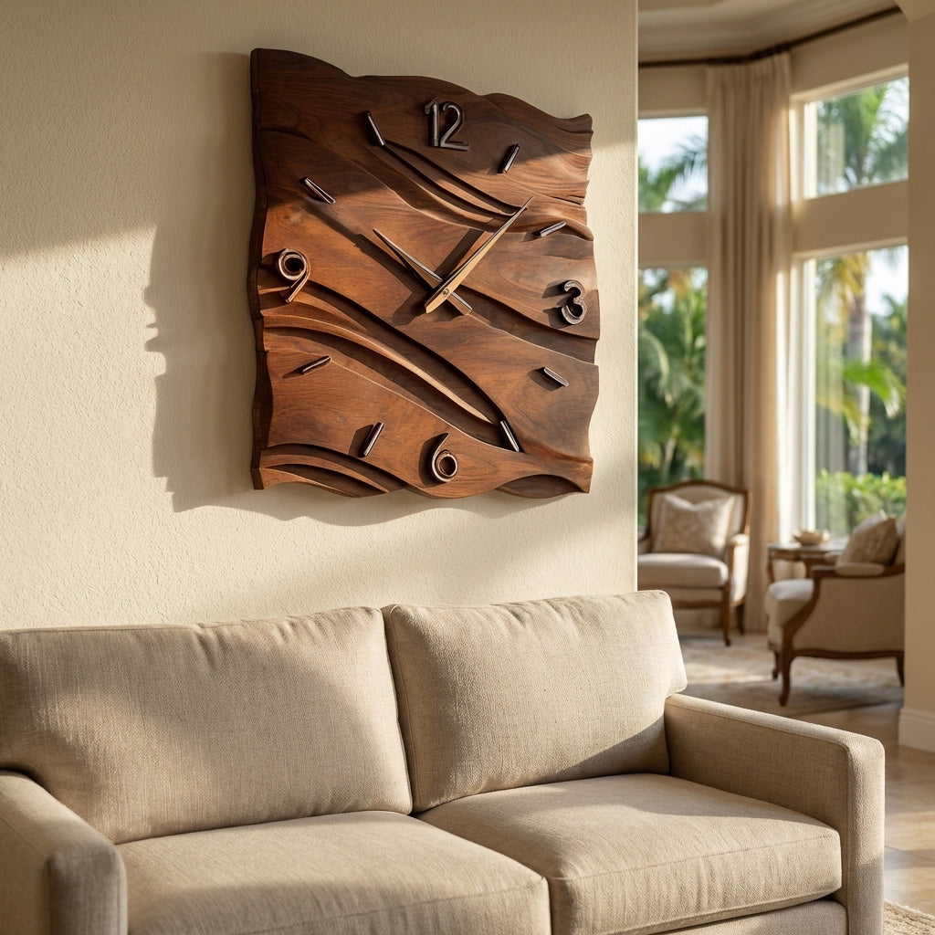 Organic Modern Wood Wave Wall Clock Decor For Living Room