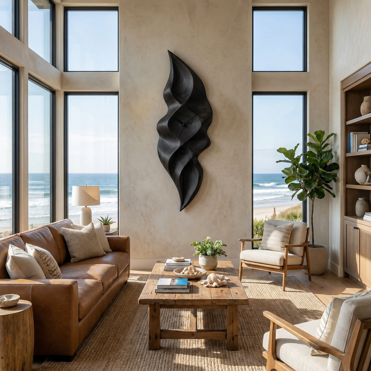 Contemporary Wood Wall Clock With Wave Sculpture For Minimalist Bedroom