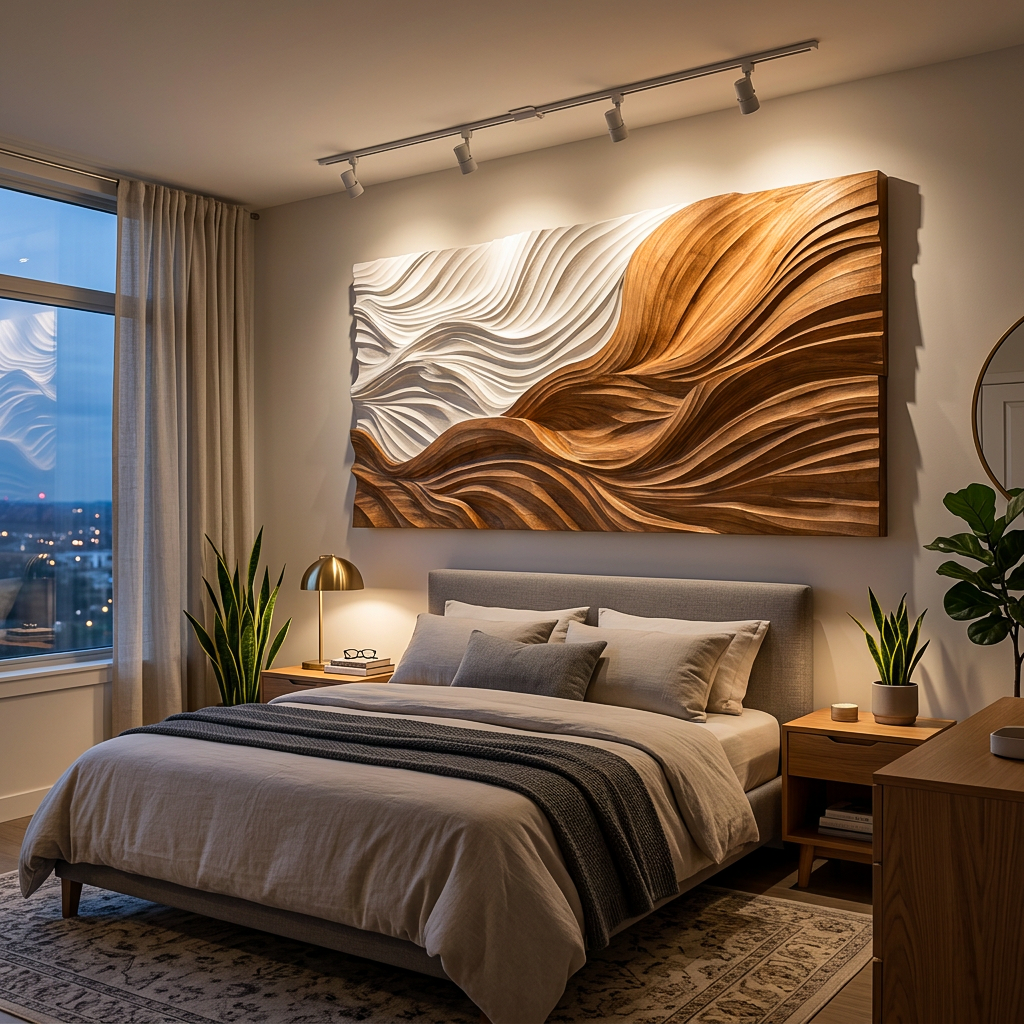 Modern Wooden Wall Art With Carved Wave For Home Decor