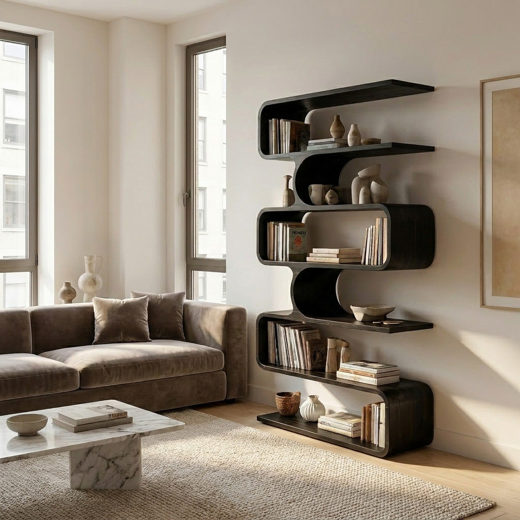 Handcrafted Wooden Bookshelf With Sculpture Edges For Living Room