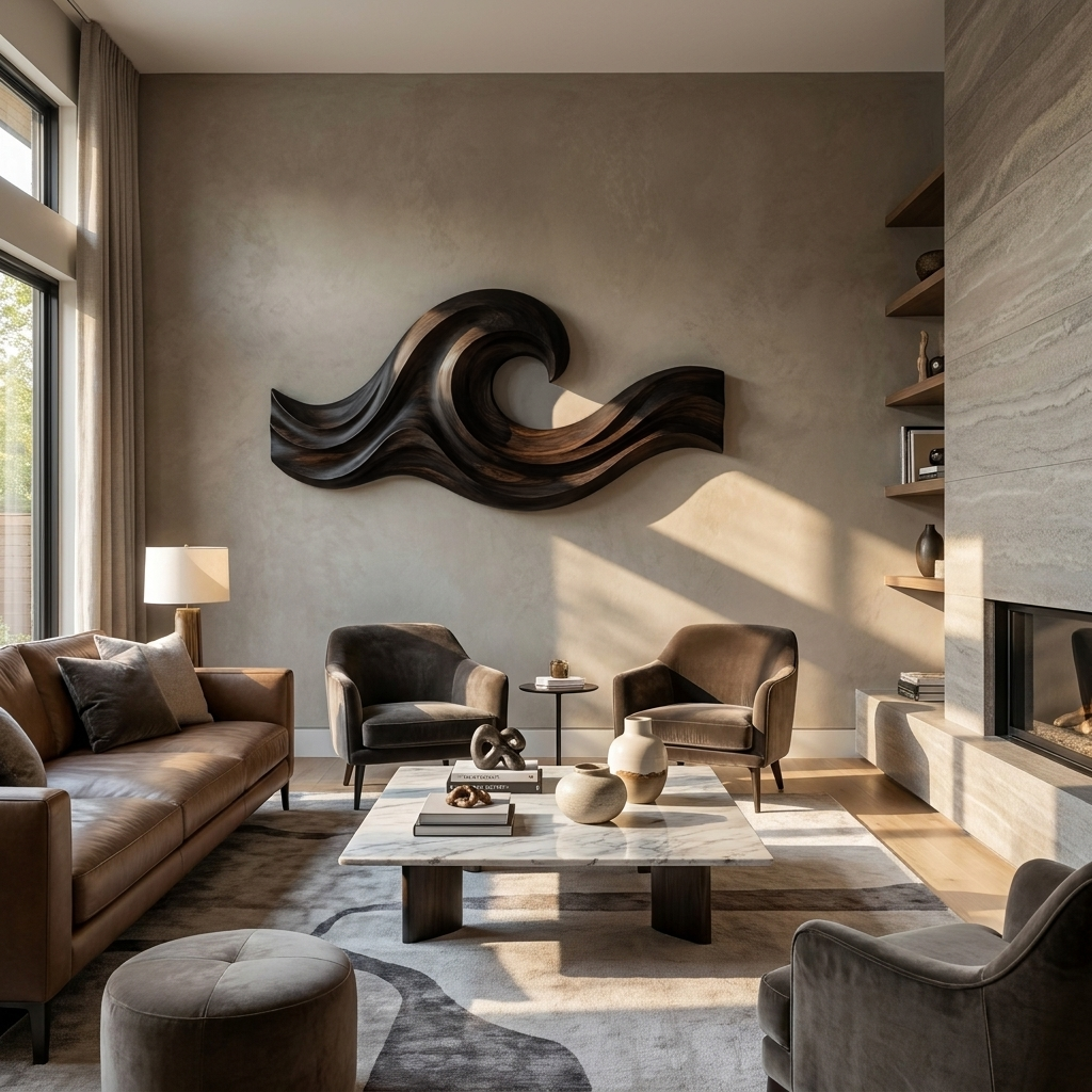 Wave Inspired Wood Wall Art For Luxury Living Room Space