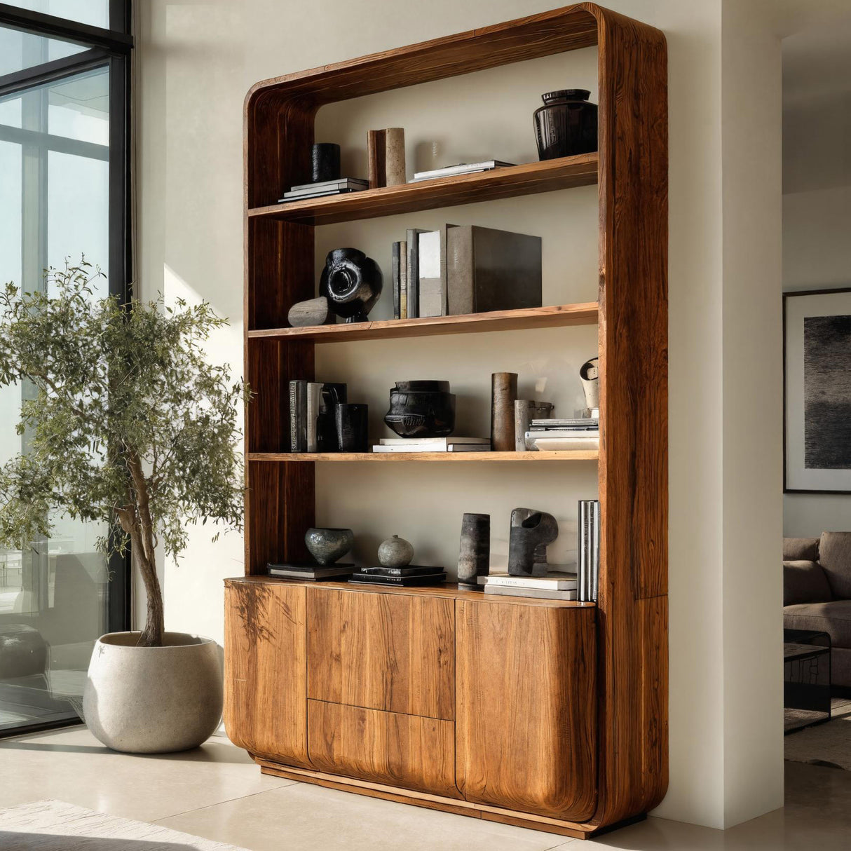 Modern Curved Frame Wood Bookshelf With Cabinets
