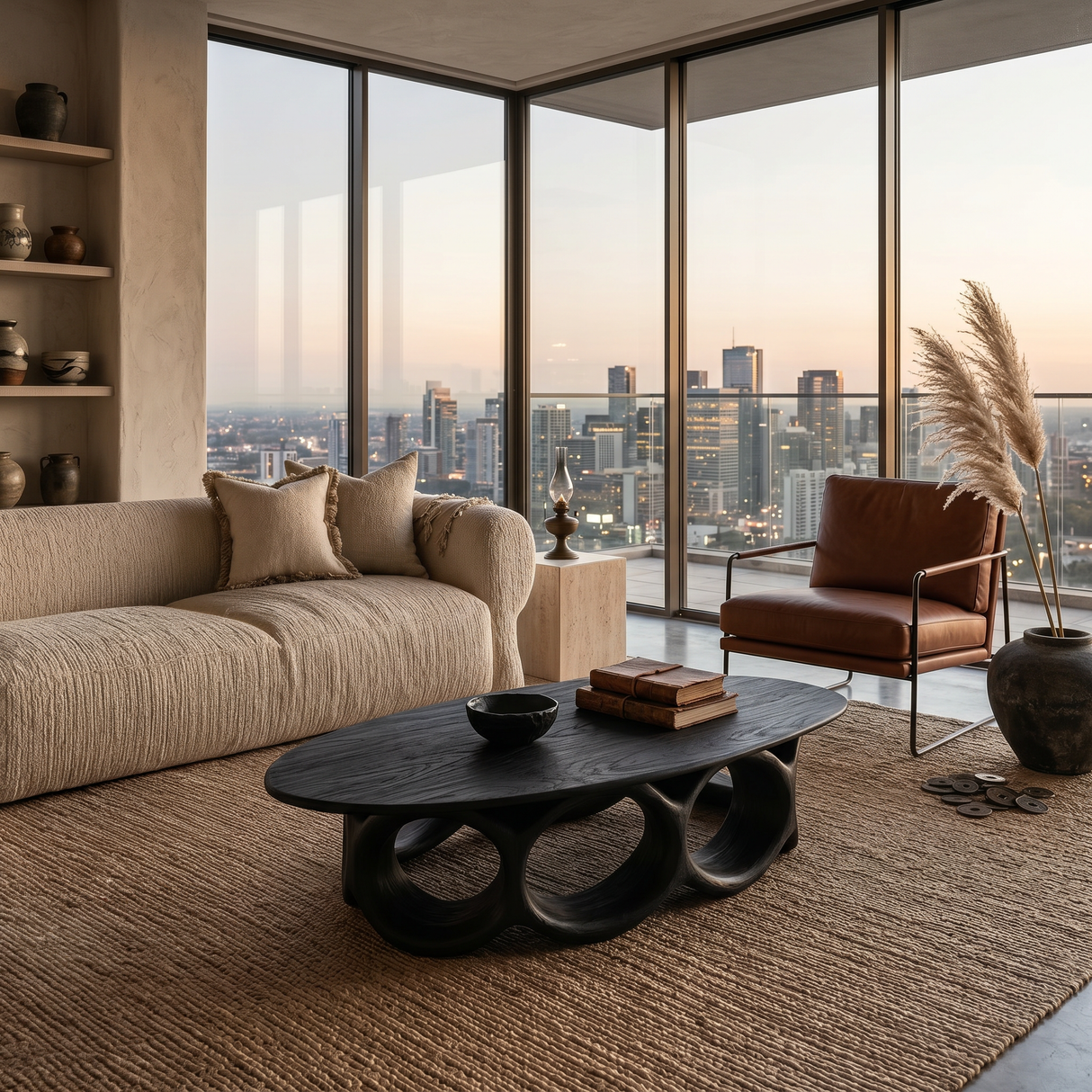 Modern Oval Coffee Table With Sculptural Hollow Base For Living
