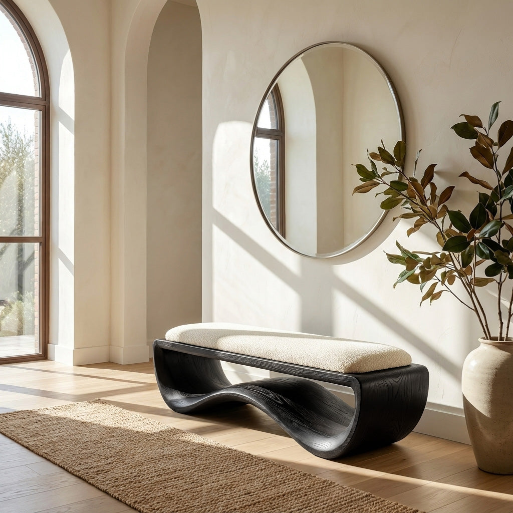 Minimalist Wood Bench With Flowing Base For Living Room Seating